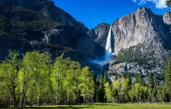 Yosemite National Park with towering cliffs and waterfalls.