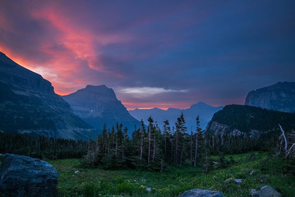 Glacier National Park with crystal-clear lakes and rugged mountains.